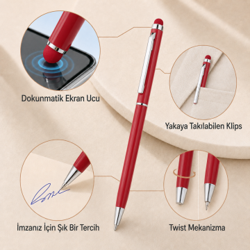 ThinyTouch, Dokunmatik Ekran Uçlu, Metal Kasa, Tükenmez Kalem, Kırmızı