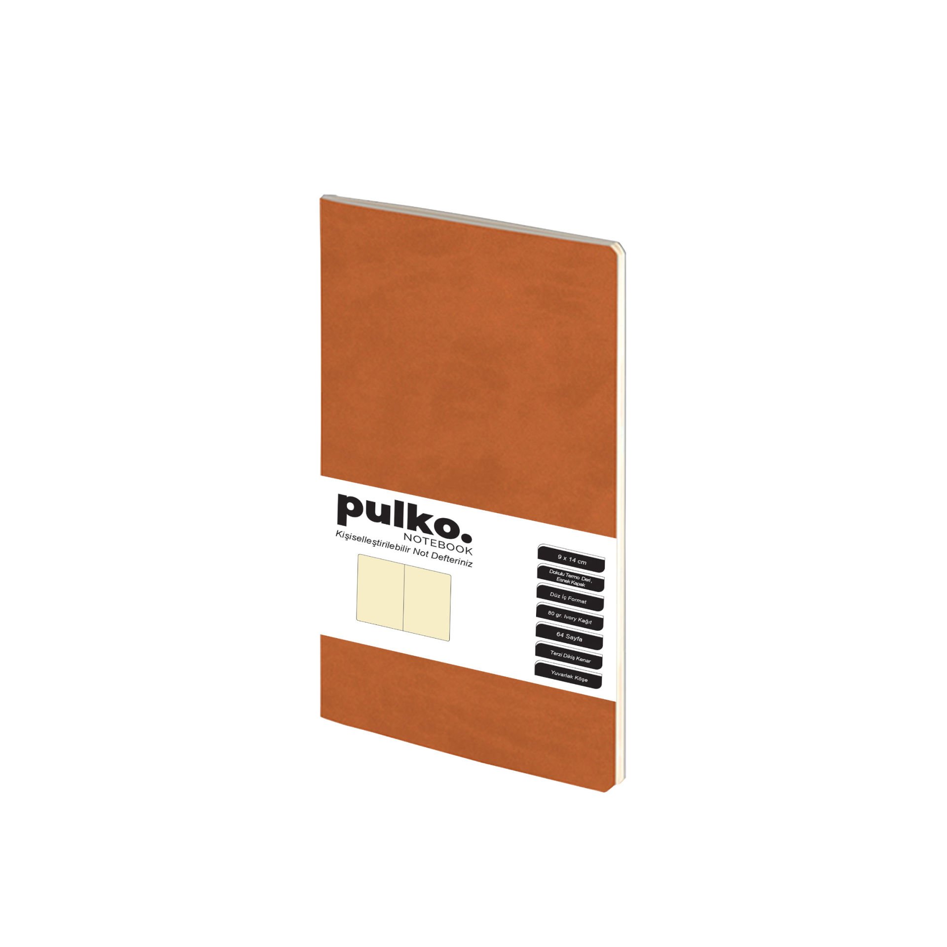 PULKO Notebook Not Defteri, (9x14cm), Terzi Dikiş, Termo Deri Kapak, 64 Sayfa, Krem Kağıt, Düz, 030, Taba