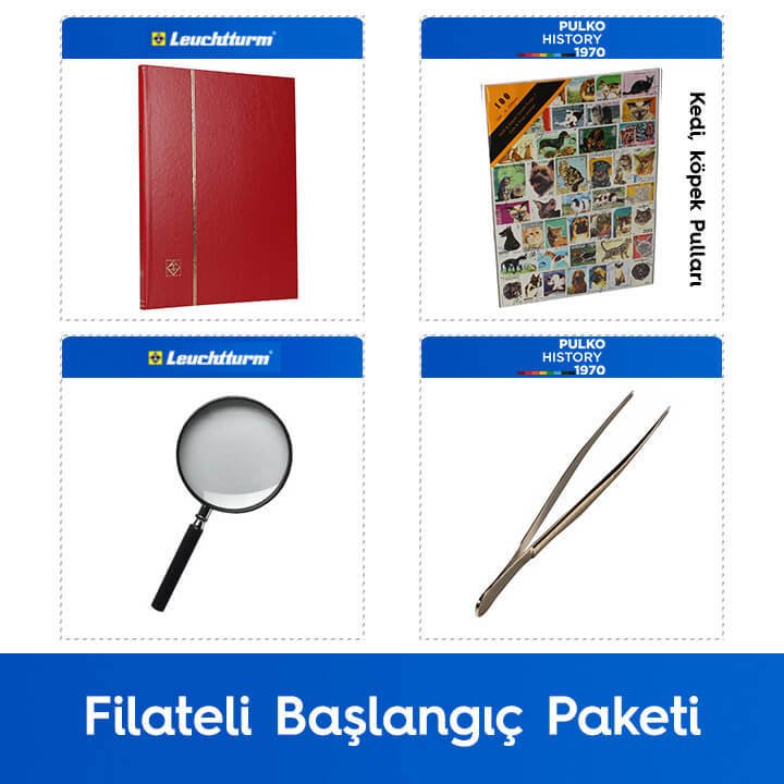 PULKO Filateli Başlangıç Paketi (Leuchtturm BASIC W16 Pul Defteri, 100 Çeşit Pul, Pul Maşası ve Büyüteç), Kırmızı - Kedi Köpek Pulları ile