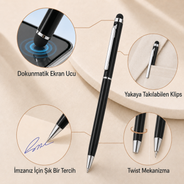 ThinyTouch, Dokunmatik Ekran Uçlu, Metal Kasa, Tükenmez Kalem, Siyah