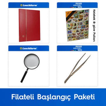 PULKO Filateli Başlangıç Paketi (Leuchtturm BASIC W16 Pul Defteri, 100 Çeşit Pul, Pul Maşası ve Büyüteç), Kırmızı - Kelebek & Güve Pulları ile