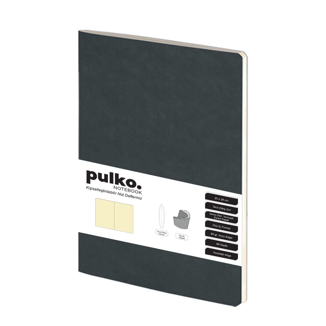 PULKO Notebook Not Defteri, (20x28cm), Terzi Dikiş, Termo Deri Kapak, 96 Sayfa, Krem Kağıt, Düz, 033, Siyah