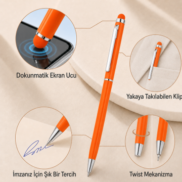 ThinyTouch, Dokunmatik Ekran Uçlu, Metal Kasa, Tükenmez Kalem, Turuncu