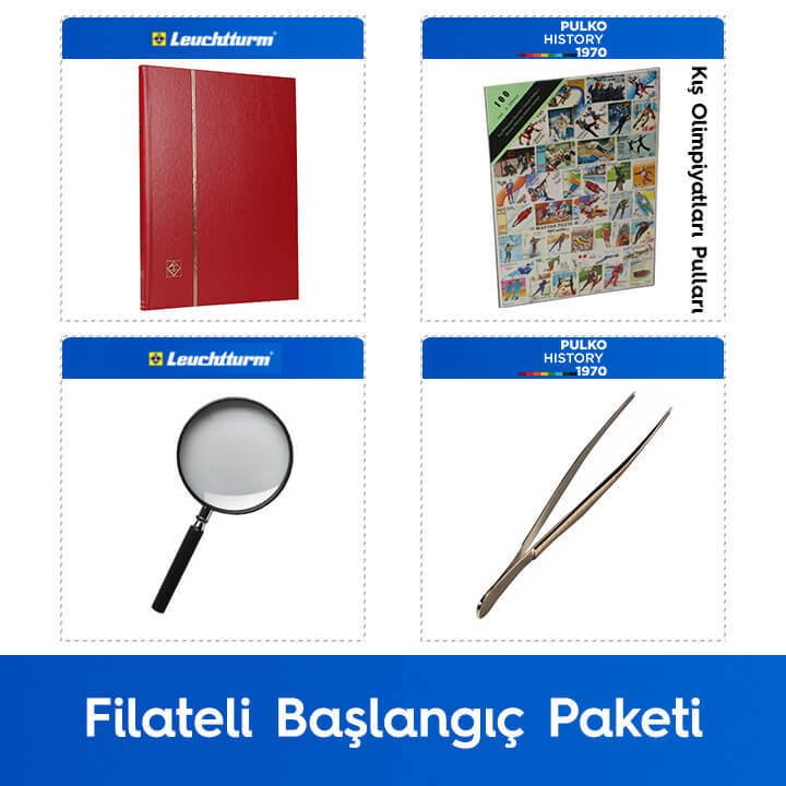 PULKO Filateli Başlangıç Paketi (Leuchtturm BASIC W16 Pul Defteri, 100 Çeşit Pul, Pul Maşası ve Büyüteç), Kırmızı - Kış Olimpiyatları Pulları ile