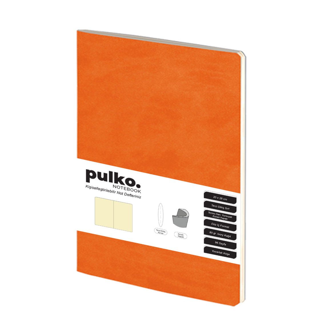 PULKO Notebook Not Defteri, (20x28cm), Terzi Dikiş, Termo Deri Kapak, 96 Sayfa, Krem Kağıt, Düz, 033, Turuncu