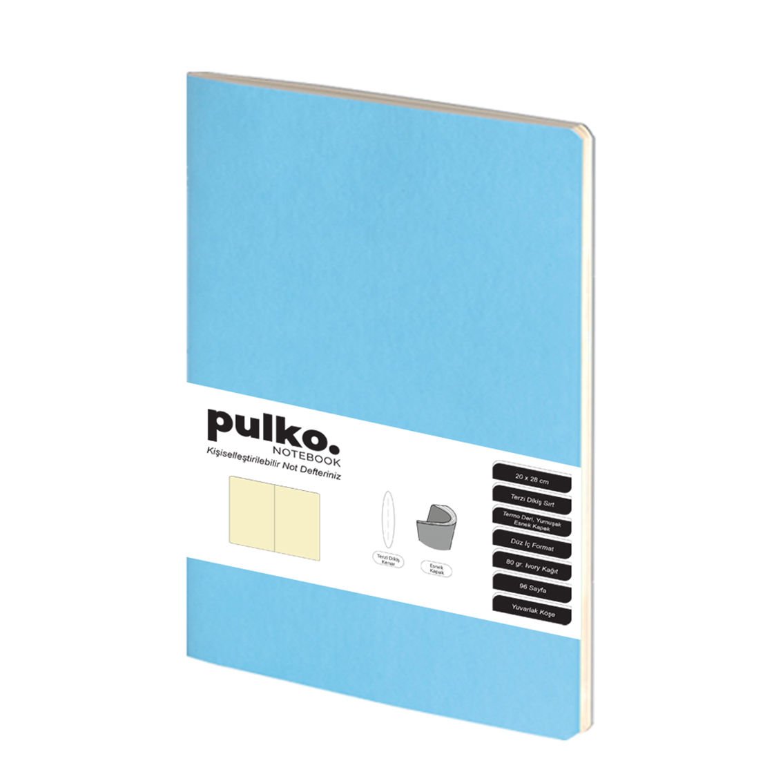 PULKO Notebook Not Defteri, (20x28cm), Terzi Dikiş, Termo Deri Kapak, 96 Sayfa, Krem Kağıt, Düz, 033, Turkuaz