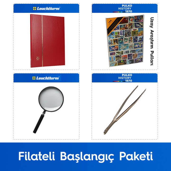 PULKO Filateli Başlangıç Paketi (Leuchtturm BASIC W16 Pul Defteri, 100 Çeşit Pul, Pul Maşası ve Büyüteç), Kırmızı - Uzay Araştırma Pulları ile