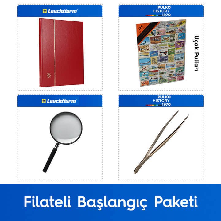 PULKO Filateli Başlangıç Paketi (Leuchtturm BASIC W16 Pul Defteri, 100 Çeşit Pul, Pul Maşası ve Büyüteç), Kırmızı - Uçak Pulları ile