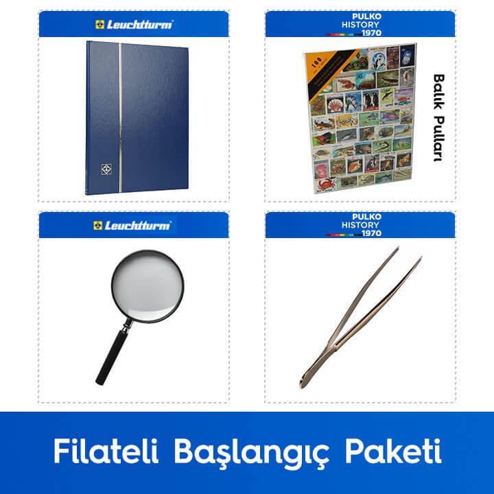 PULKO Filateli Başlangıç Paketi (Leuchtturm BASIC W16 Pul Defteri, 100 Çeşit Pul, Pul Maşası ve Büyüteç), Mavi - Balık Pulları ile
