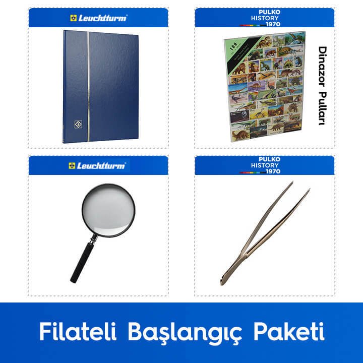 PULKO Filateli Başlangıç Paketi (Leuchtturm BASIC W16 Pul Defteri, 100 Çeşit Pul, Pul Maşası ve Büyüteç), Mavi - Dinazor Pulları ile