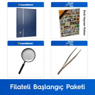 PULKO Filateli Başlangıç Paketi (Leuchtturm BASIC W16 Pul Defteri, 100 Çeşit Pul, Pul Maşası ve Büyüteç), Mavi - Evcil Hayvan Pulları ile