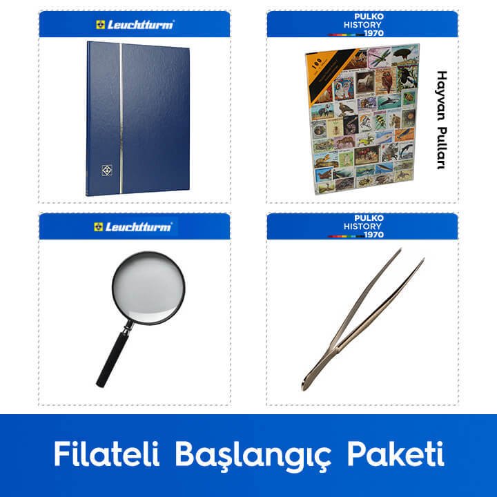 PULKO Filateli Başlangıç Paketi (Leuchtturm BASIC W16 Pul Defteri, 100 Çeşit Pul, Pul Maşası ve Büyüteç), Mavi - Hayvan Pulları ile