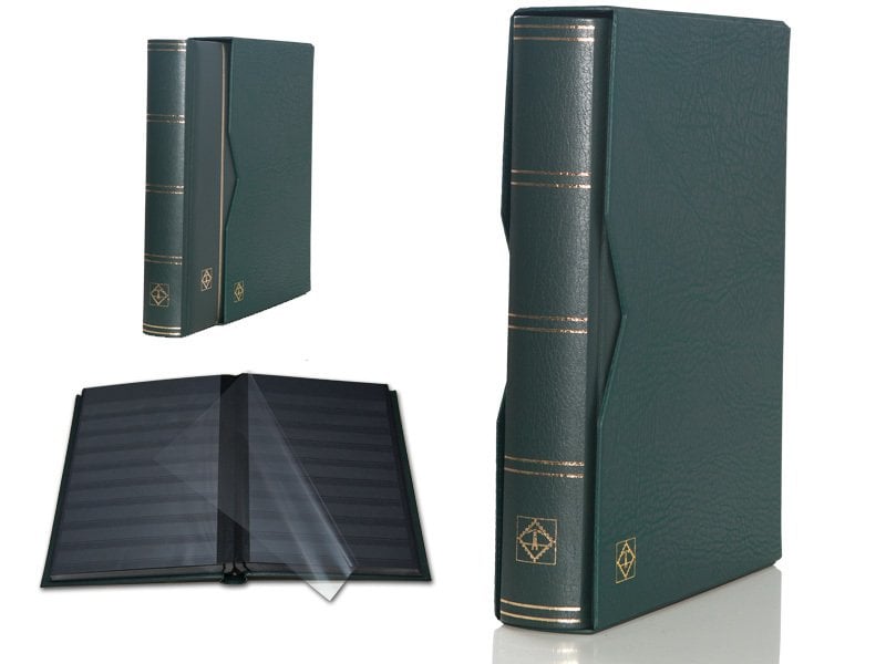 Leuchtturm Stamp Book PREMIUM SET S64, A4, 32 feuilles, 64 pages, toute transparence (entièrement transparent) Noir Terre, Vert foncé Cassette