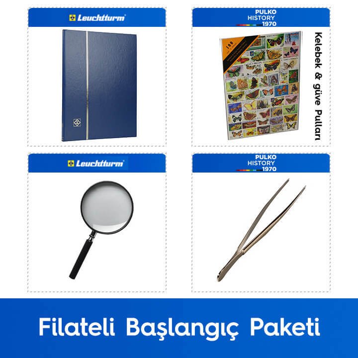 PULKO Filateli Başlangıç Paketi (Leuchtturm BASIC W16 Pul Defteri, 100 Çeşit Pul, Pul Maşası ve Büyüteç), Mavi - Kelebek & Güve Pulları ile