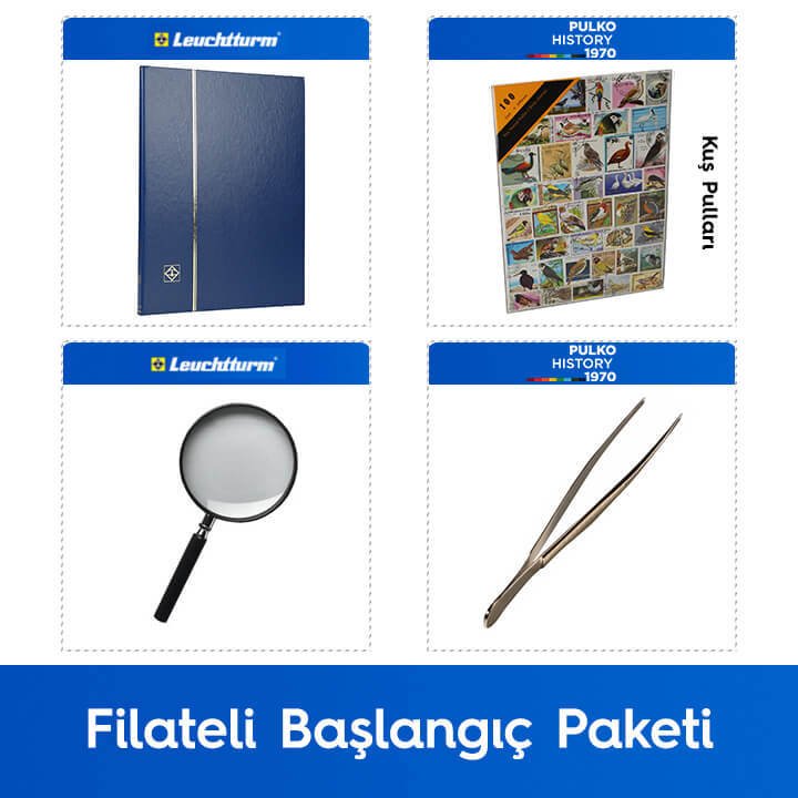 PULKO Filateli Başlangıç Paketi (Leuchtturm BASIC W16 Pul Defteri, 100 Çeşit Pul, Pul Maşası ve Büyüteç), Mavi - Kuş Pulları ile