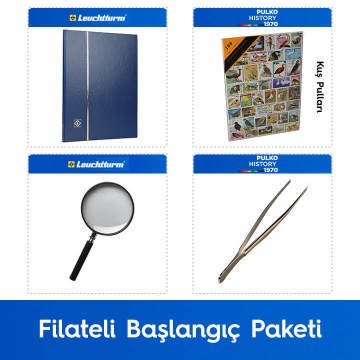 PULKO Filateli Başlangıç Paketi (Leuchtturm BASIC W16 Pul Defteri, 100 Çeşit Pul, Pul Maşası ve Büyüteç), Mavi - Kuş Pulları ile