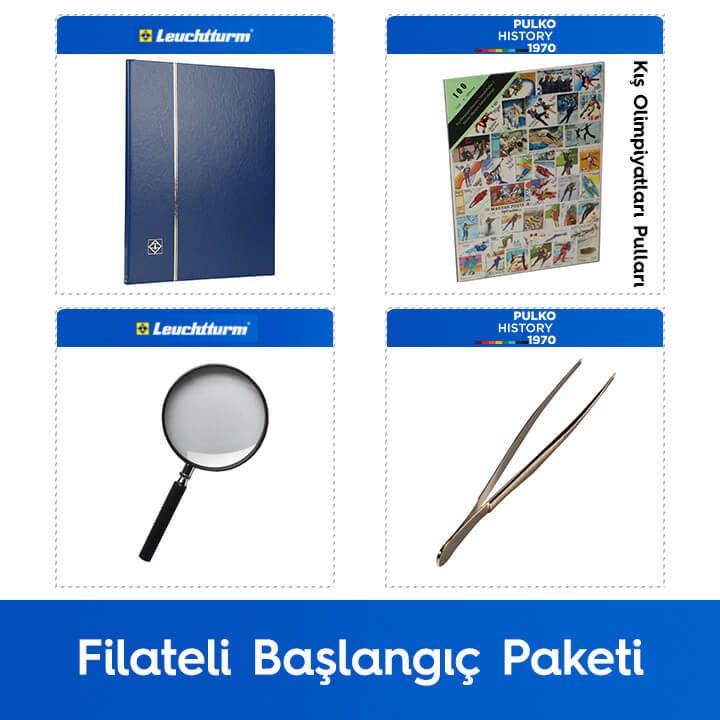 PULKO Filateli Başlangıç Paketi (Leuchtturm BASIC W16 Pul Defteri, 100 Çeşit Pul, Pul Maşası ve Büyüteç), Mavi - Kış Olimpiyatları Pulları ile