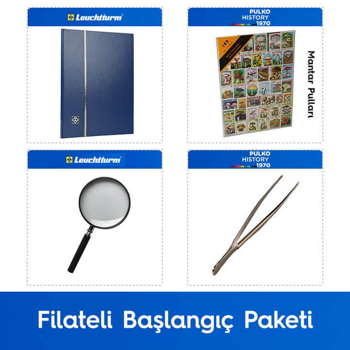 PULKO Filateli Başlangıç Paketi (Leuchtturm BASIC W16 Pul Defteri, 100 Çeşit Pul, Pul Maşası ve Büyüteç), Mavi - Mantar Pulları ile