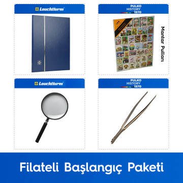 PULKO Filateli Başlangıç Paketi (Leuchtturm BASIC W16 Pul Defteri, 100 Çeşit Pul, Pul Maşası ve Büyüteç), Mavi - Mantar Pulları ile