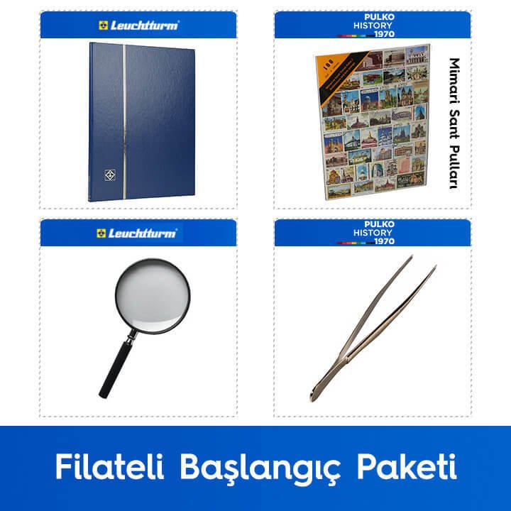 PULKO Filateli Başlangıç Paketi (Leuchtturm BASIC W16 Pul Defteri, 100 Çeşit Pul, Pul Maşası ve Büyüteç), Mavi - Mimarı Sanat Pulları ile