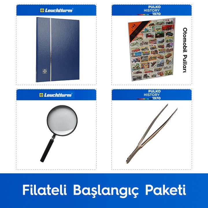 PULKO Filateli Başlangıç Paketi (Leuchtturm BASIC W16 Pul Defteri, 100 Çeşit Pul, Pul Maşası ve Büyüteç), Mavi - Otomobil & Motorsiklet Pulları ile