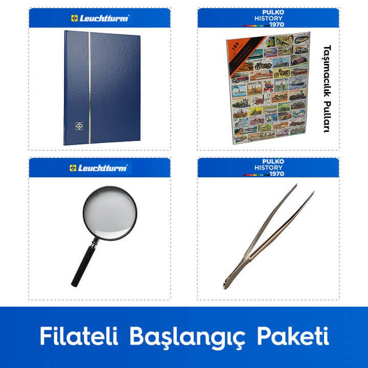 PULKO Filateli Başlangıç Paketi (Leuchtturm BASIC W16 Pul Defteri, 100 Çeşit Pul, Pul Maşası ve Büyüteç), Mavi - Taşımacılık Pulları ile