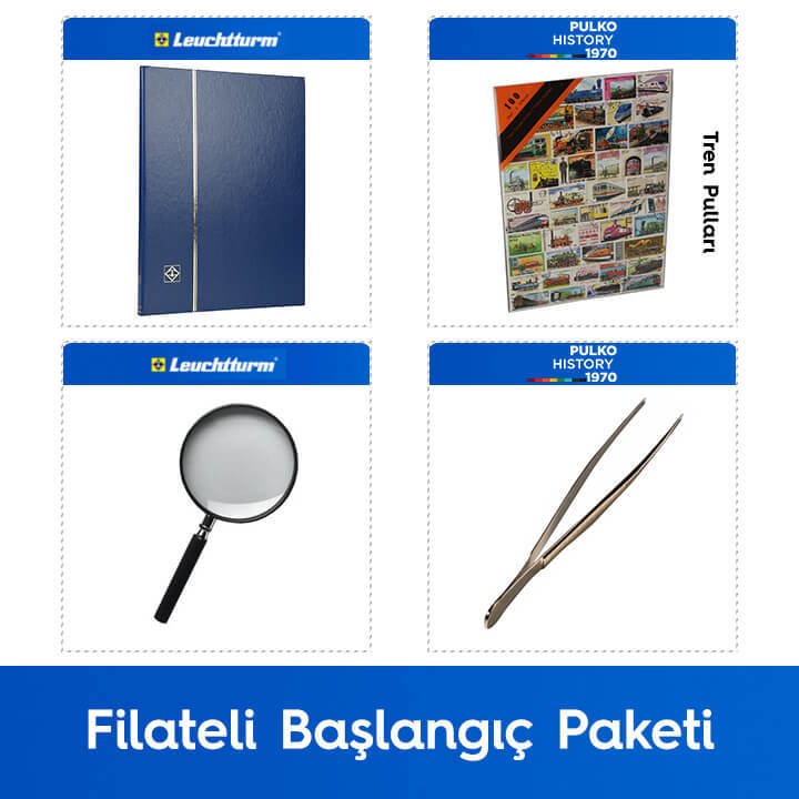 PULKO Filateli Başlangıç Paketi (Leuchtturm BASIC W16 Pul Defteri, 100 Çeşit Pul, Pul Maşası ve Büyüteç), Mavi - Tren Pulları ile