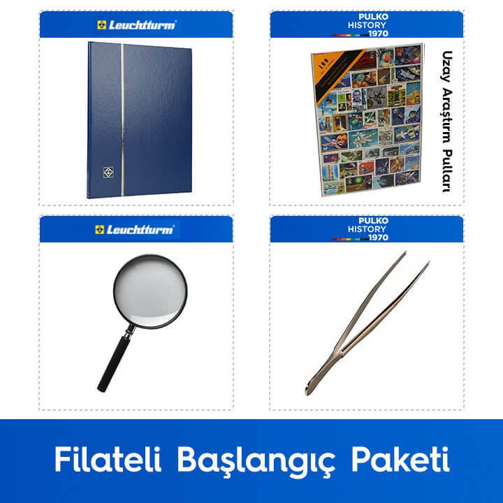 PULKO Filateli Başlangıç Paketi (Leuchtturm BASIC W16 Pul Defteri, 100 Çeşit Pul, Pul Maşası ve Büyüteç), Mavi - Uzay Araştırma Pulları ile