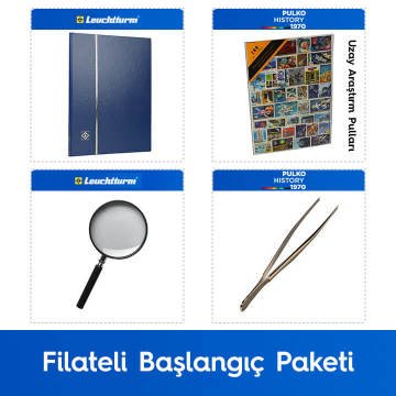PULKO Filateli Başlangıç Paketi (Leuchtturm BASIC W16 Pul Defteri, 100 Çeşit Pul, Pul Maşası ve Büyüteç), Mavi - Uzay Araştırma Pulları ile