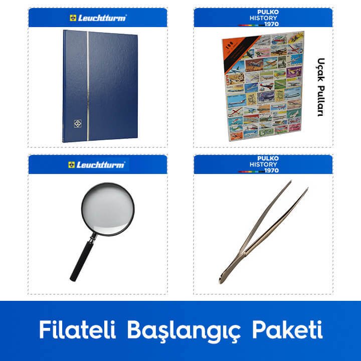 PULKO Filateli Başlangıç Paketi (Leuchtturm BASIC W16 Pul Defteri, 100 Çeşit Pul, Pul Maşası ve Büyüteç), Mavi - Uçak Pulları ile
