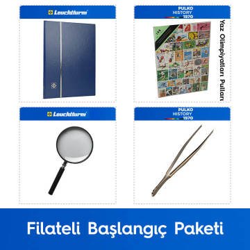 PULKO Filateli Başlangıç Paketi (Leuchtturm BASIC W16 Pul Defteri, 100 Çeşit Pul, Pul Maşası ve Büyüteç), Mavi - Yaz Olimpiyatları Pulları ile