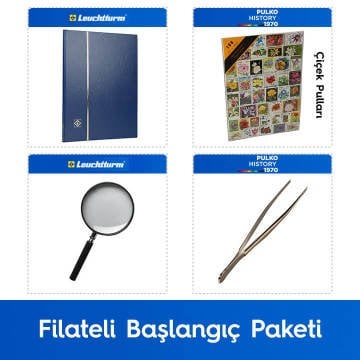 PULKO Filateli Başlangıç Paketi (Leuchtturm BASIC W16 Pul Defteri, 100 Çeşit Pul, Pul Maşası ve Büyüteç), Mavi - Çiçek Pulları ile