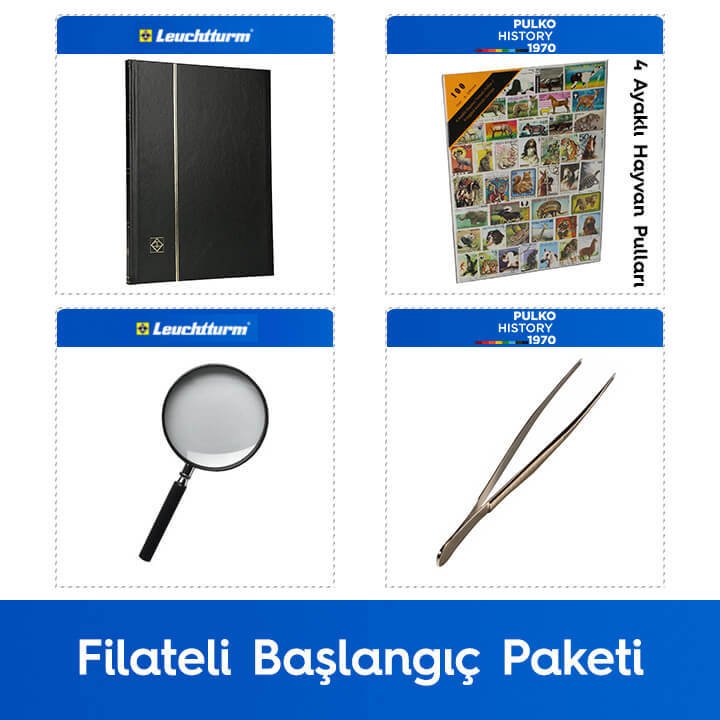 PULKO Filateli Başlangıç Paketi (Leuchtturm BASIC W16 Pul Defteri, 100 Çeşit Pul, Pul Maşası ve Büyüteç), Siyah - 4 Ayaklı Hayvan Pulları ile