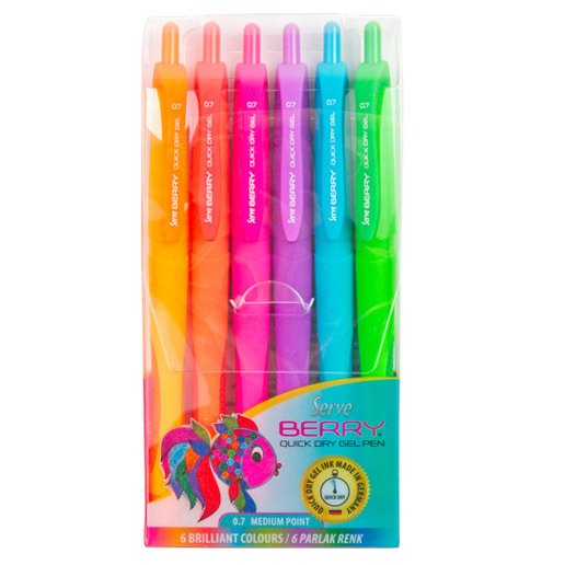 SERVE Berry Jel Kalem 0.7 mm Klasik Renkler Karma BLISTER 6'lı Paket Canlı Renkler