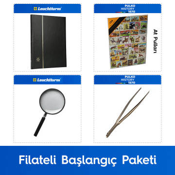 PULKO Filateli Başlangıç Paketi (Leuchtturm BASIC W16 Pul Defteri, 100 Çeşit Pul, Pul Maşası ve Büyüteç), Siyah - At Pulları ile