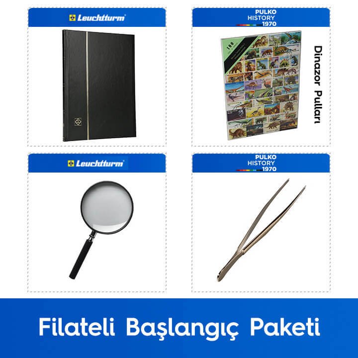 PULKO Filateli Başlangıç Paketi (Leuchtturm BASIC W16 Pul Defteri, 100 Çeşit Pul, Pul Maşası ve Büyüteç), Siyah - Dinazor Pulları ile