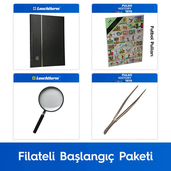 PULKO Filateli Başlangıç Paketi (Leuchtturm BASIC W16 Pul Defteri, 100 Çeşit Pul, Pul Maşası ve Büyüteç), Siyah - Futbol Pulları ile