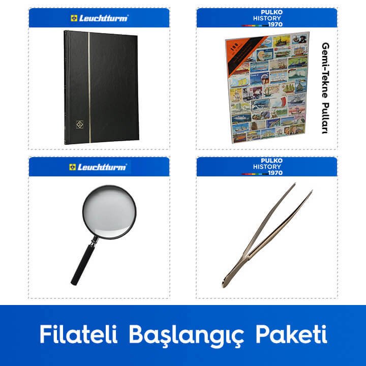 PULKO Filateli Başlangıç Paketi (Leuchtturm BASIC W16 Pul Defteri, 100 Çeşit Pul, Pul Maşası ve Büyüteç), Siyah - Gemi Tekne Pulları ile