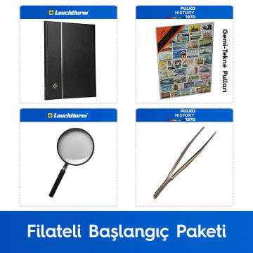 PULKO Filateli Başlangıç Paketi (Leuchtturm BASIC W16 Pul Defteri, 100 Çeşit Pul, Pul Maşası ve Büyüteç), Siyah - Gemi Tekne Pulları ile