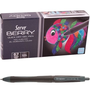 Serve Berry Jel Kalem 0.7 mm Klasik Renkler, Siyah - 12'li Kutu