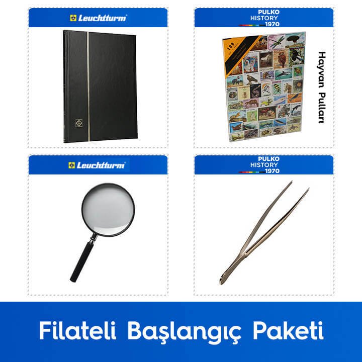 PULKO Filateli Başlangıç Paketi (Leuchtturm BASIC W16 Pul Defteri, 100 Çeşit Pul, Pul Maşası ve Büyüteç), Siyah - Hayvan Pulları ile