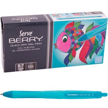 Serve Berry Jel Kalem 0.7 mm Klasik Renkler, Turkuaz - 12'li Kutu