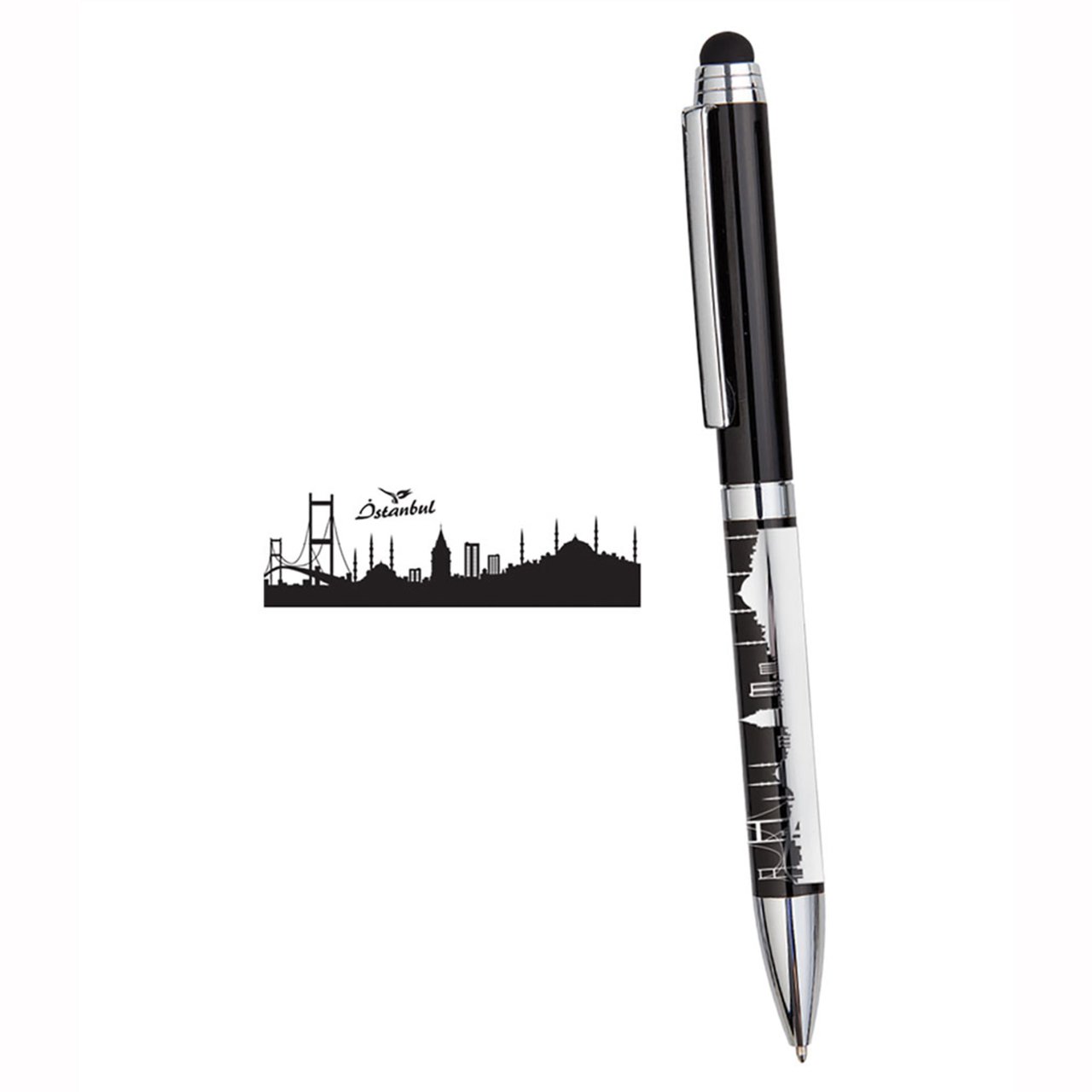 PULKO Promosyon İstanbul Kabartmalı Özel Seri, Tükenmez Kalem, Touchpen Özellikli, Siyah Gövde