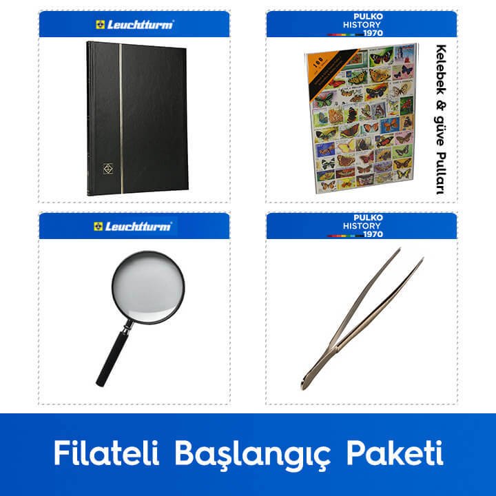 PULKO Filateli Başlangıç Paketi (Leuchtturm BASIC W16 Pul Defteri, 100 Çeşit Pul, Pul Maşası ve Büyüteç), Siyah - Kelebek & Güve Pulları ile