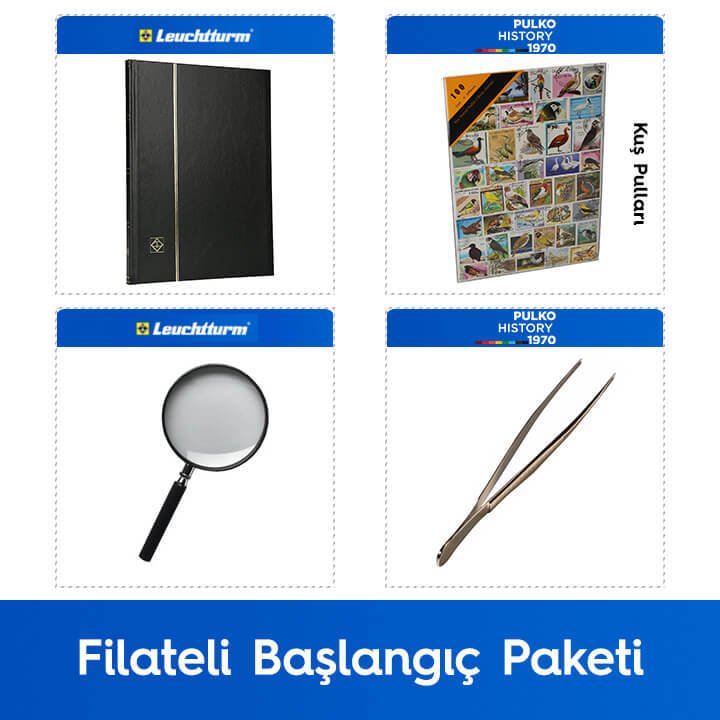 PULKO Filateli Başlangıç Paketi (Leuchtturm BASIC W16 Pul Defteri, 100 Çeşit Pul, Pul Maşası ve Büyüteç), Siyah - Kuş Pulları ile