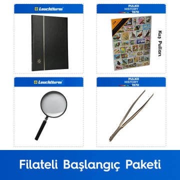 PULKO Filateli Başlangıç Paketi (Leuchtturm BASIC W16 Pul Defteri, 100 Çeşit Pul, Pul Maşası ve Büyüteç), Siyah - Kuş Pulları ile