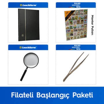 PULKO Filateli Başlangıç Paketi (Leuchtturm BASIC W16 Pul Defteri, 100 Çeşit Pul, Pul Maşası ve Büyüteç), Siyah - Mantar Pulları ile