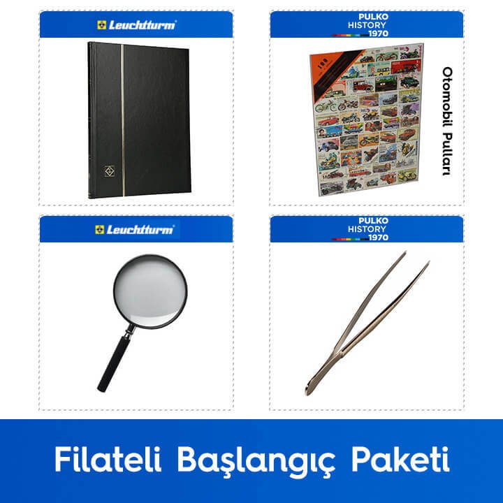 PULKO Filateli Başlangıç Paketi (Leuchtturm BASIC W16 Pul Defteri, 100 Çeşit Pul, Pul Maşası ve Büyüteç), Siyah - Otomobil & Motorsiklet Pulları ile