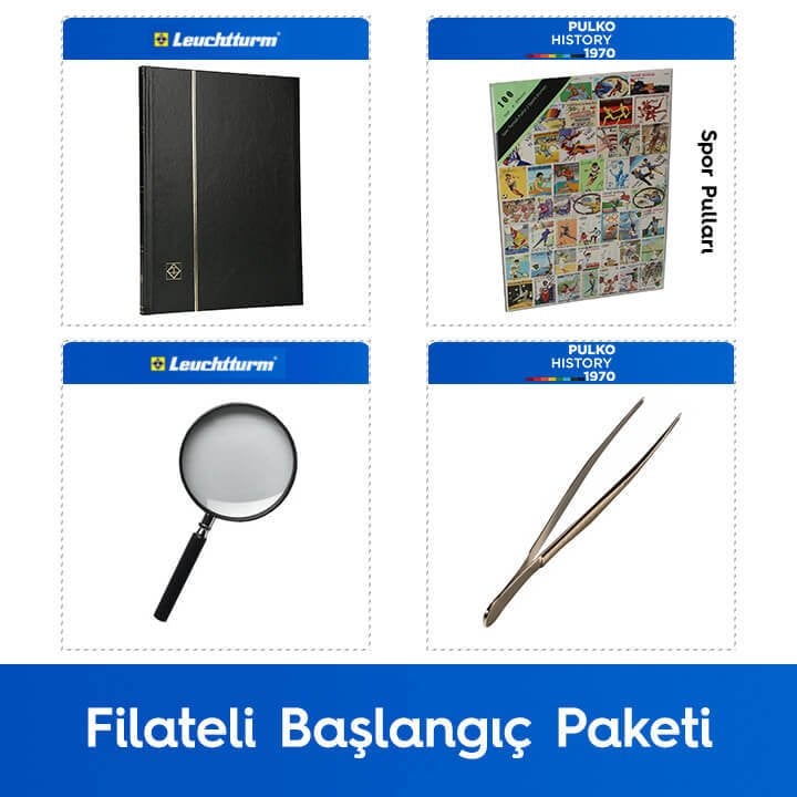 PULKO Filateli Başlangıç Paketi (Leuchtturm BASIC W16 Pul Defteri, 100 Çeşit Pul, Pul Maşası ve Büyüteç), Siyah - Spor Pulları ile