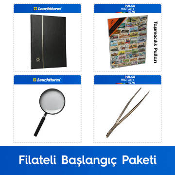 PULKO Filateli Başlangıç Paketi (Leuchtturm BASIC W16 Pul Defteri, 100 Çeşit Pul, Pul Maşası ve Büyüteç), Siyah - Taşımacılık Pulları ile